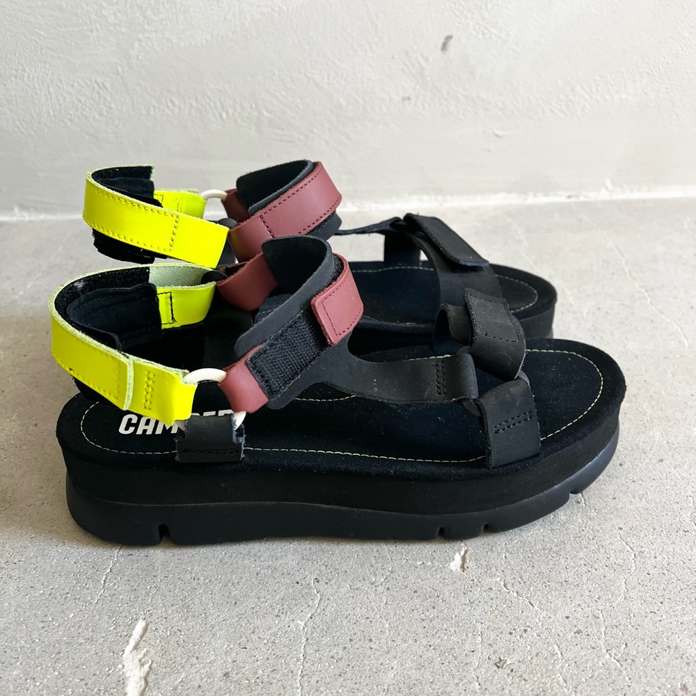 CAMPER platform sandal size 9 black neon. NWOT
